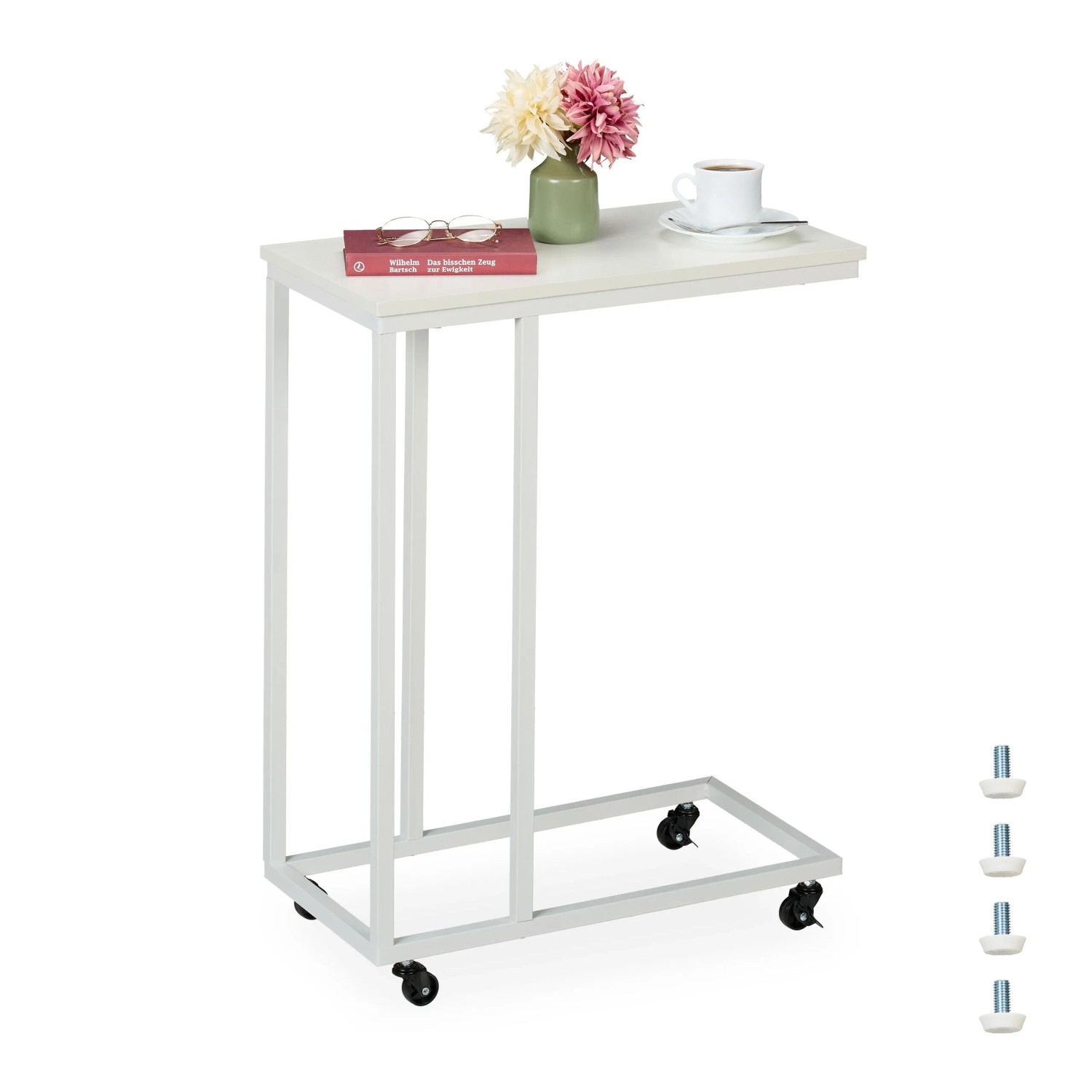 Relaxdays Beistelltisch Stahl MDF Weiß Rollbar 79 cm x 60 cm x 30 cm 4,5 kg