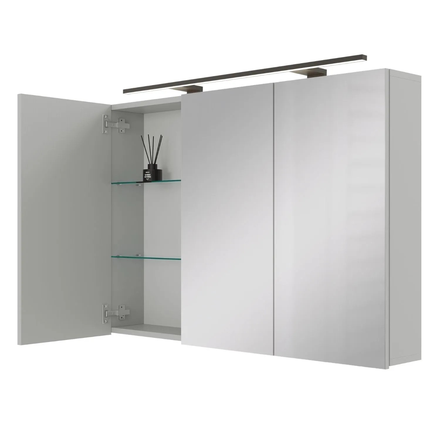 Planetmöbel ARIA Spiegelschrank 100 cm Weiß Grau mit LED Leuchte Schwarz Steckdosenbox 230 V
