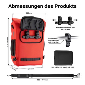 Technische Zeichnung der roten Wiltec 20L Fahrradtasche. Zeigt Maße, Gepäckträger-Befestigung, Laptopfach, Rucksack-Gurt.