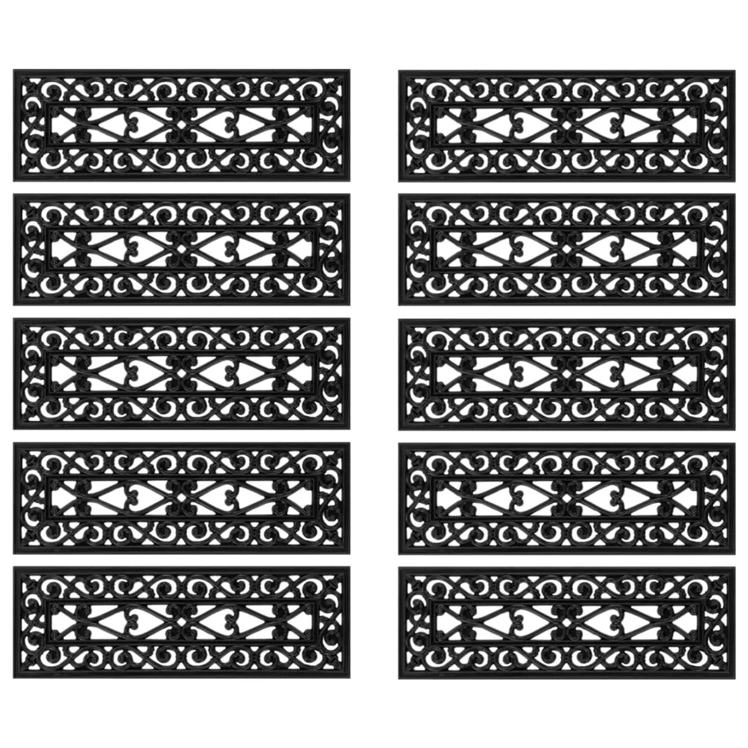 10 schwarze Gummi Stufenmatten, 25x75 cm, mit dekorativem, rutschfestem Design für sichere Treppen.