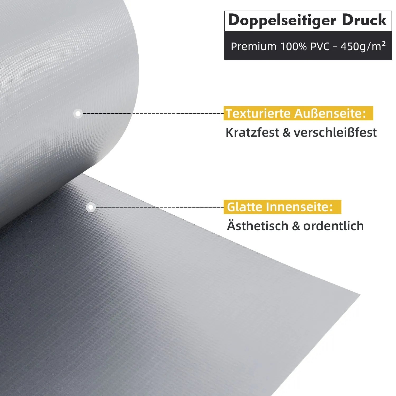 Detailaufnahme: Graue Sekey PVC Sichtschutzstreifen für Doppelstabmatten, texturierte und glatte Seite.