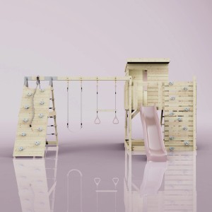 PolarPlay Spielturm Frida mit Rutsche, Schaukel und Kletterwand in Altrosa.