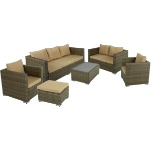 Braune 6-teilige Garden Pleasure Sitzgruppe Murcia mit Tisch, Sofas, Sesseln und Hocker.