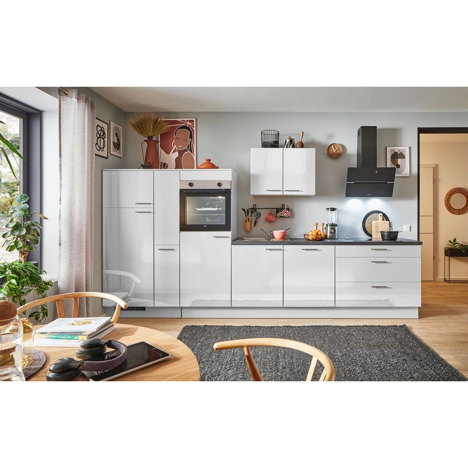 pino Küchenzeile 340cm Lichtgrau Hochglanz Anschlag L 1Geräte-,1Apothekersc günstig online kaufen