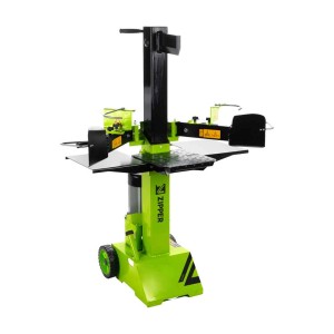 Zipper Holzspalter ZI-HS8TN_230V: Vertikaler Holzspalter in Grün und Schwarz mit klappbaren Auflagetischen.