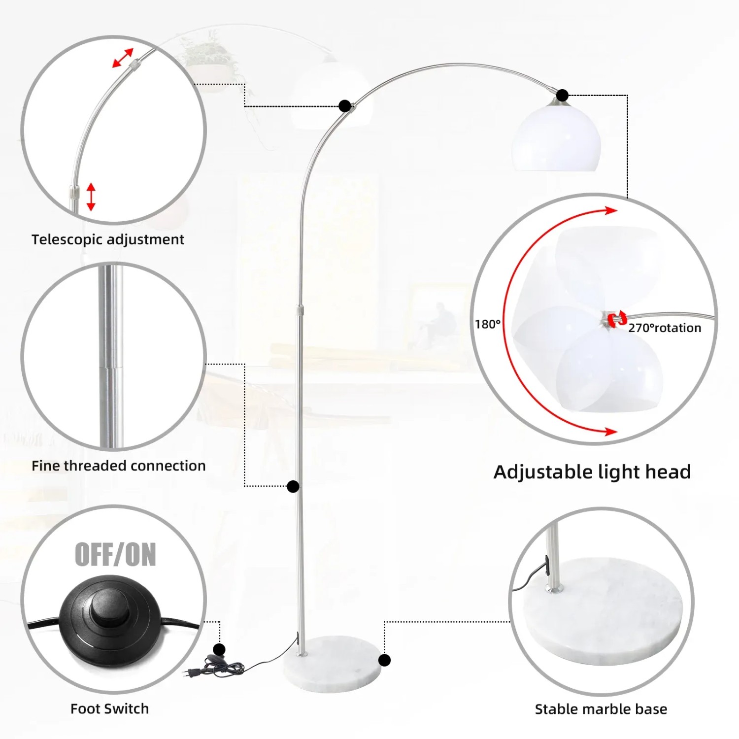 CCLIFE LED E27 Stehlampe Stehleuchte Bogenlampe Höhenverstellbar 145-220cm Weiß_3
