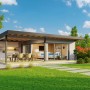Lasita Maja Ferienhaus Domeo 10, lichtgraues Holz-Gartenhaus mit Anbau und überdachter Terrasse.