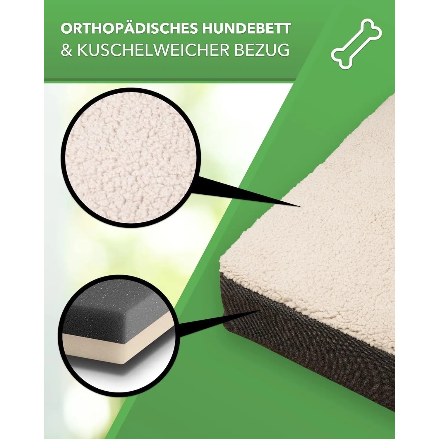 Petsation BENJI orthopädisches Hundebett, 120 cm, Detailansicht von Bezug und Memory Foam.