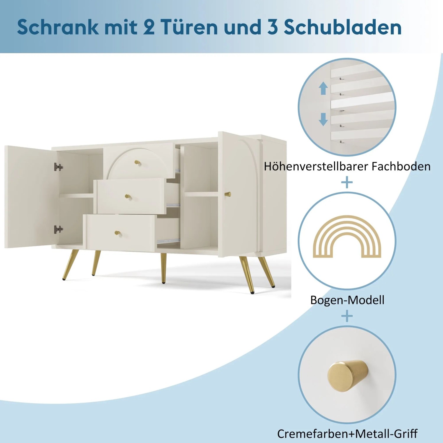 Creme-weißer Merax Wohnzimmerschrank, 140cm, mit 2 Türen, 3 geschwungenen Schubladen und goldenen Metallfüßen.