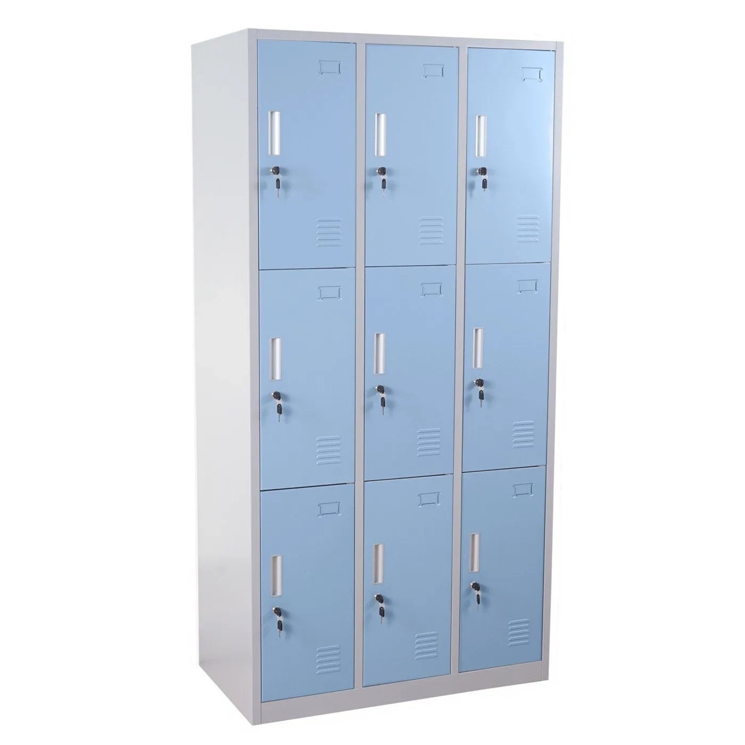 Blauer Metall-Schließfachschrank mit 9 abschließbaren Fächern, Lüftungsschlitzen und Etikettenhaltern. Ideal für Werkstatt.