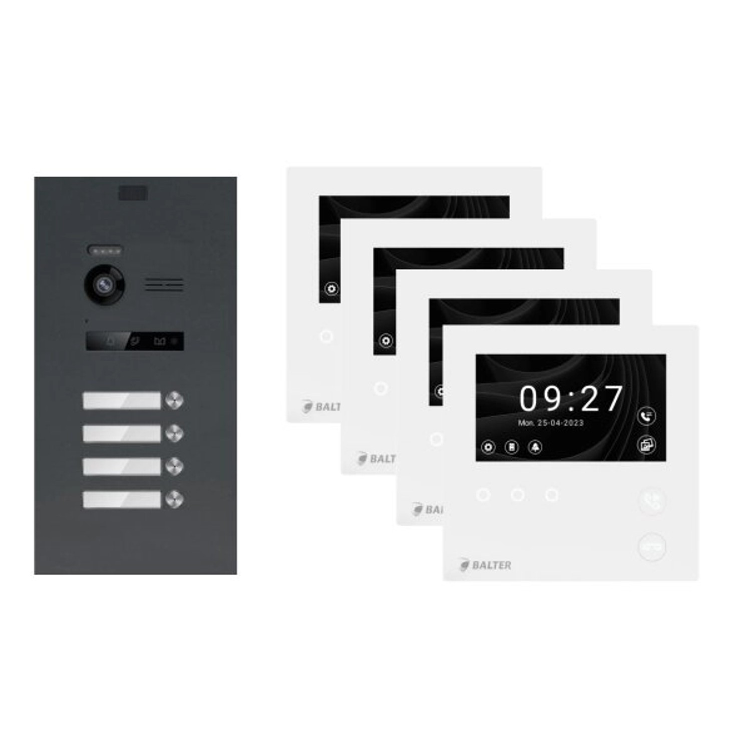 Balter Evo-HD-Mini Video Türsprechanlage Komplettsystem für 4-Familienhaus mit 4,3 Zoll WiFi Monitor Anthrazitgrau