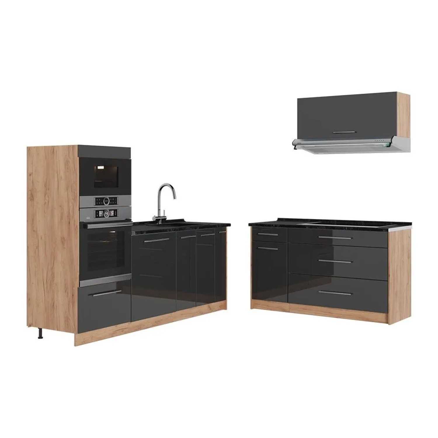 Vicco Küchenzeile Fame-Line Anthrazit Hochglanz/Goldkraft Eiche 340 x 154 AP Anthrazit Art Nr 63889