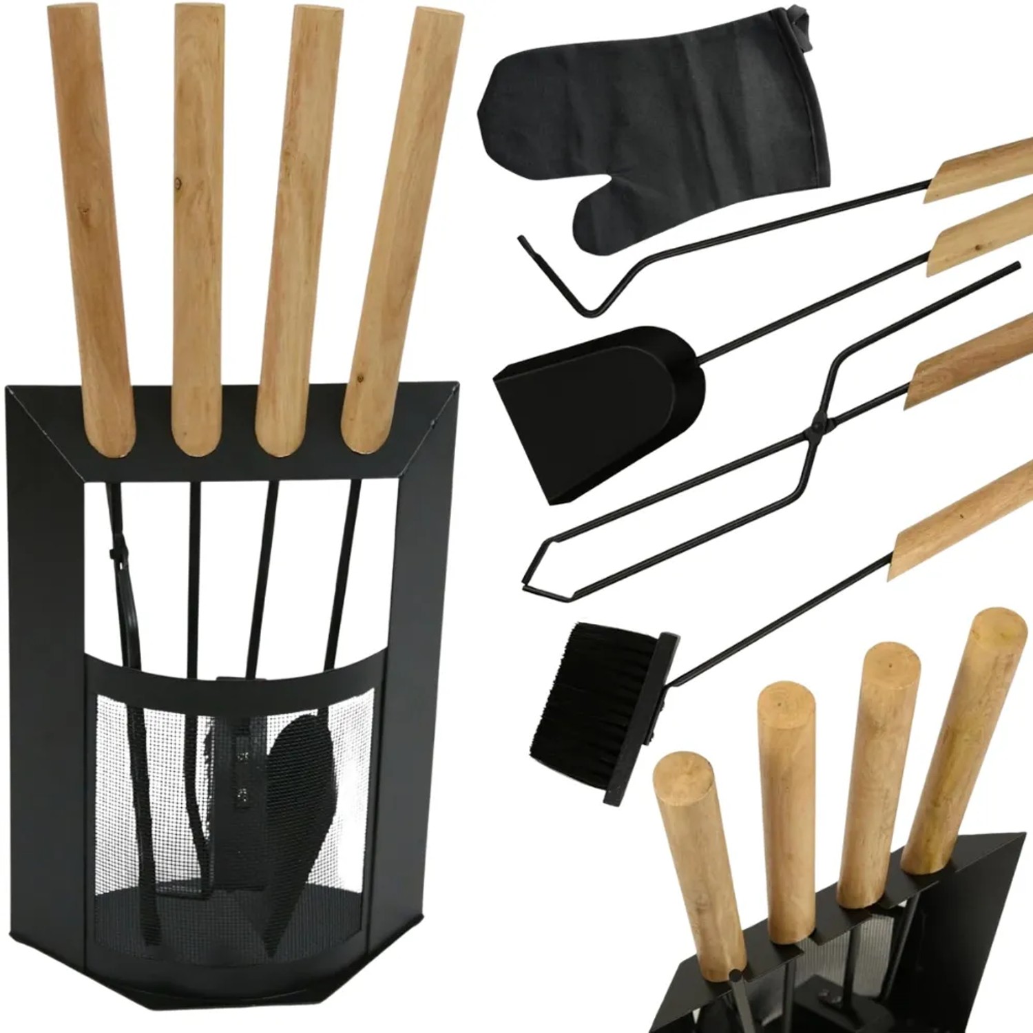 DELUKE Kaminbesteck Modern THEO 6-teilig mit Holzgriff Schürhaken Besen Ascheschaufel Kamingarnitur Schwarz Ofenbesteck ...