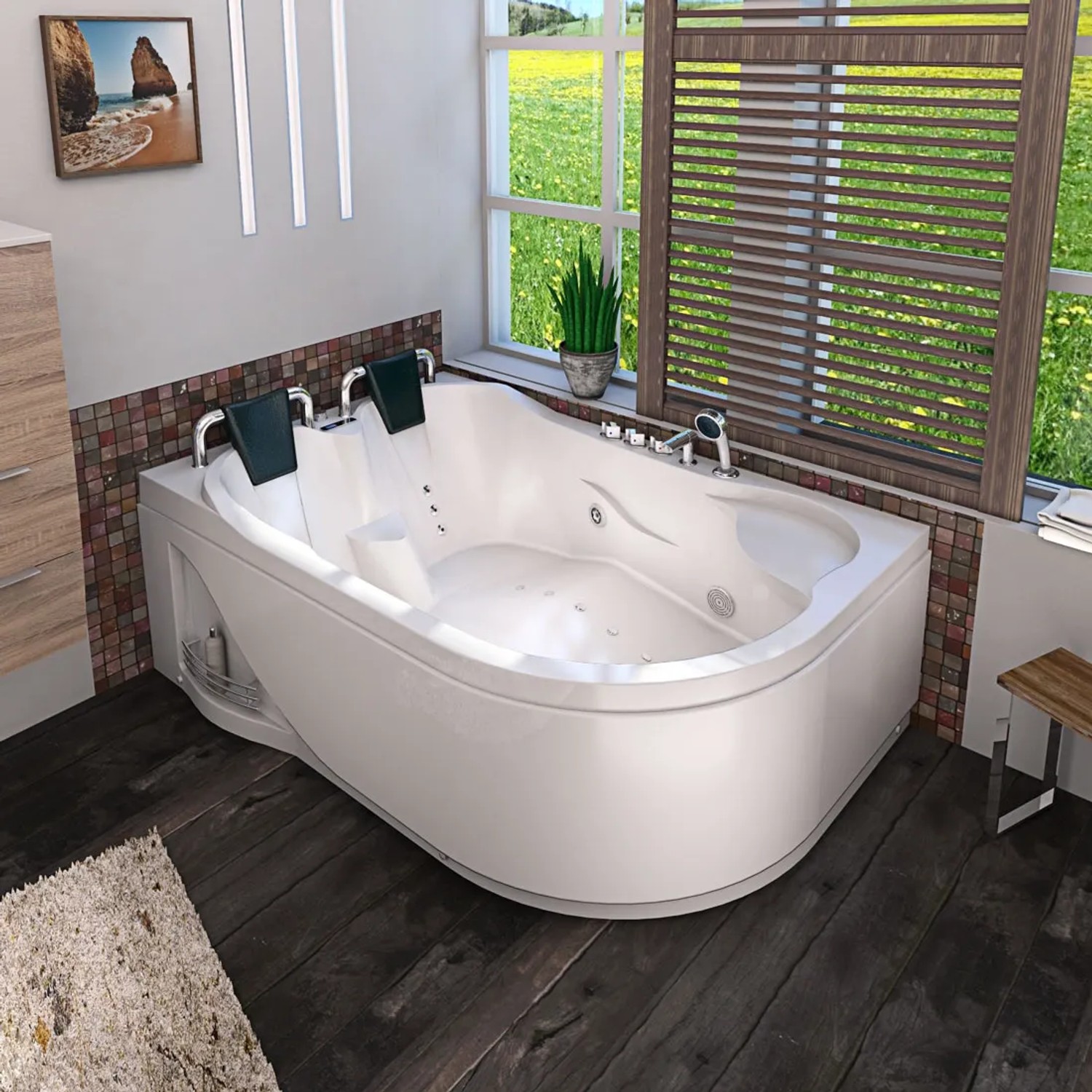 AcquaVapore Eck-Whirlpool W23H-R, 120x182 cm, mit Topausstattung im Badezimmer.