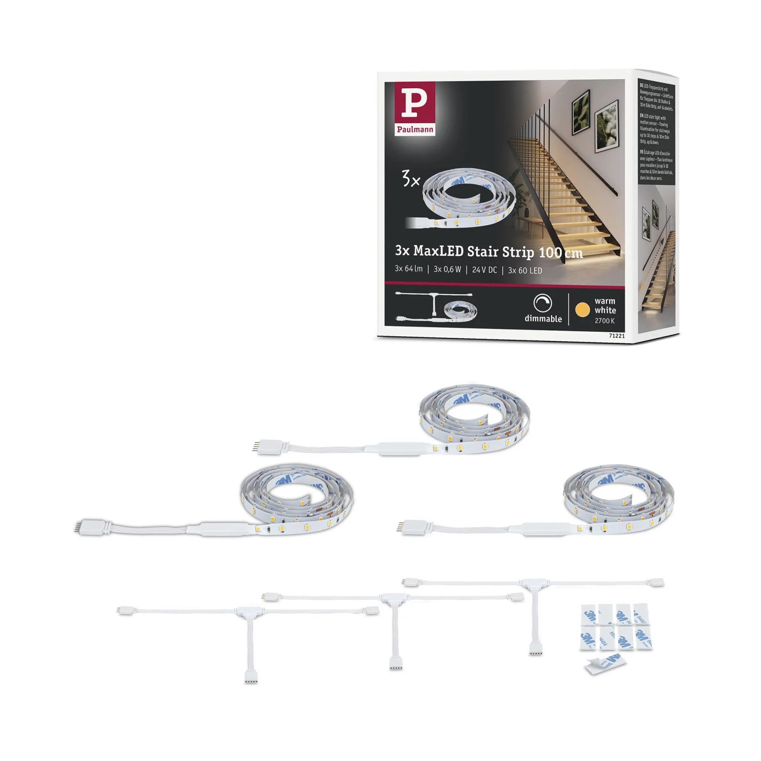 Paulmann MaxLED Stair LED-Strip-Erweiterung: 3x 1m LED-Streifen, 3 Verteiler & Zubehör für Treppenbeleuchtung.
