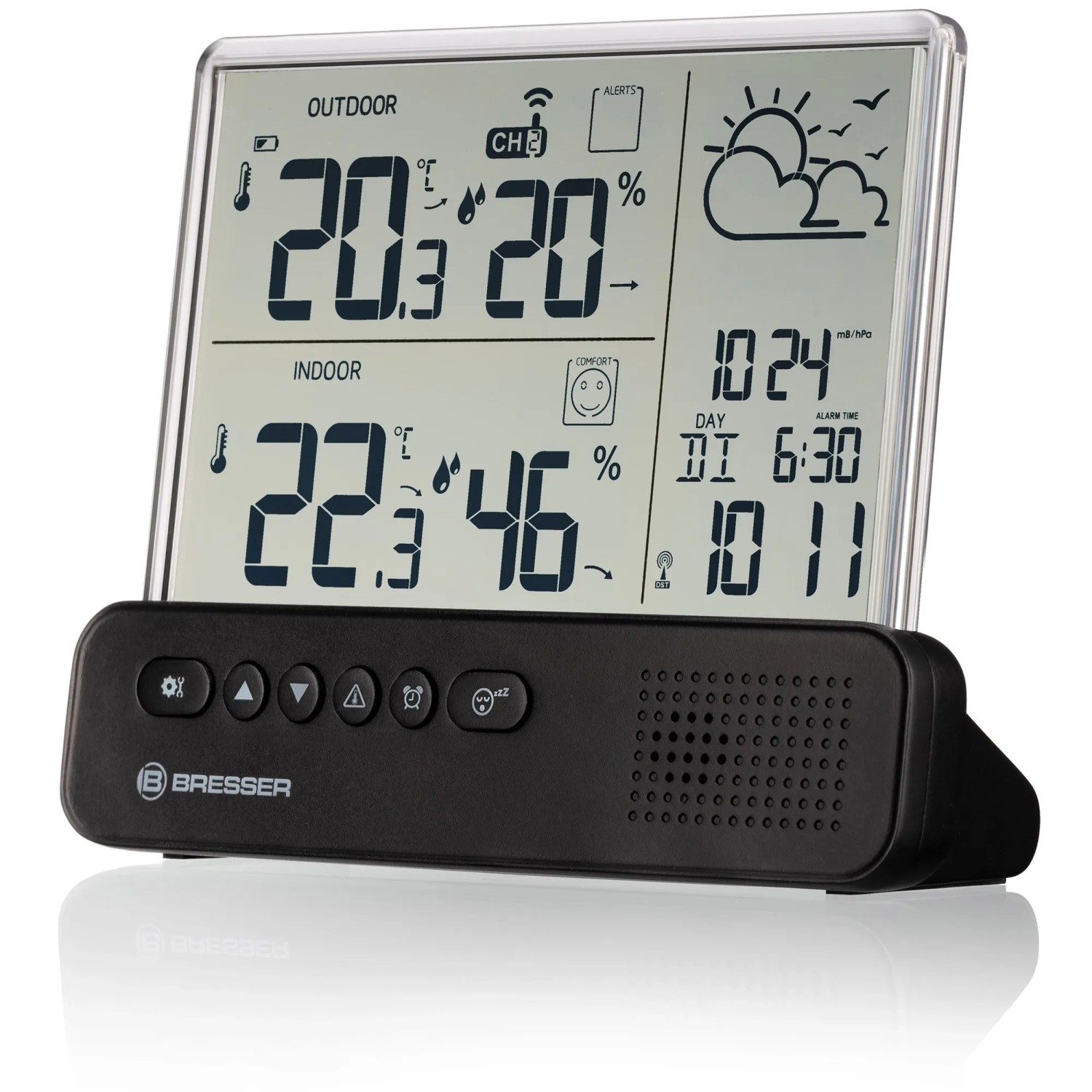 Bresser Funk-Wetterstation Translucidus NV mit transparentem Display und Außensensor.