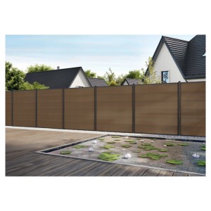 T&J WPC Steckzaunbrett Max-XL in Teak: Coextrudierte Zaunlamelle für Sichtschutz im Garten.