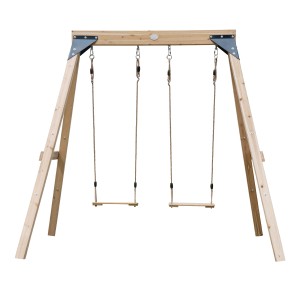 Axi Doppelschaukel Yuna aus Holz, braun, mit zwei Schaukelsitzen und stabilen Metallverbindungen.