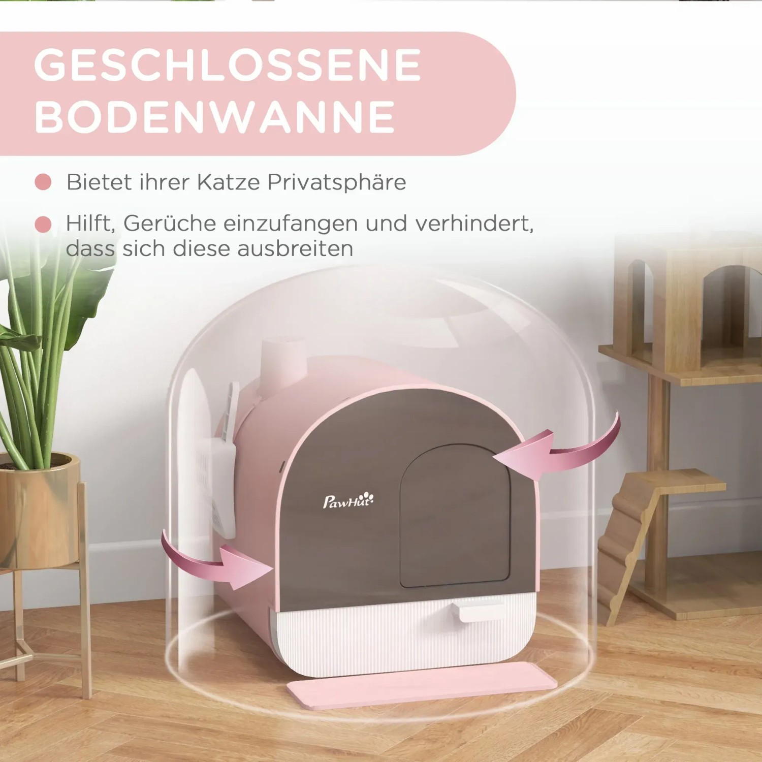 Rosa PawHut Katzentoilette mit Deckel und Schmutzfangmatte.