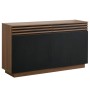 Modernes Sideboard in Braun-Holzoptik mit vier schwarzen Türen und zwei Schubladen mit Lamellenfront. Viel Stauraum.