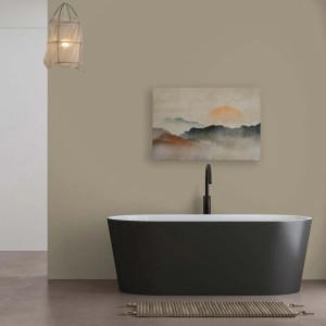 Leinwandbild Japanische Landschaft Sonnenaufgang in Gelb/Orange, 120x80 cm, als Wanddeko.