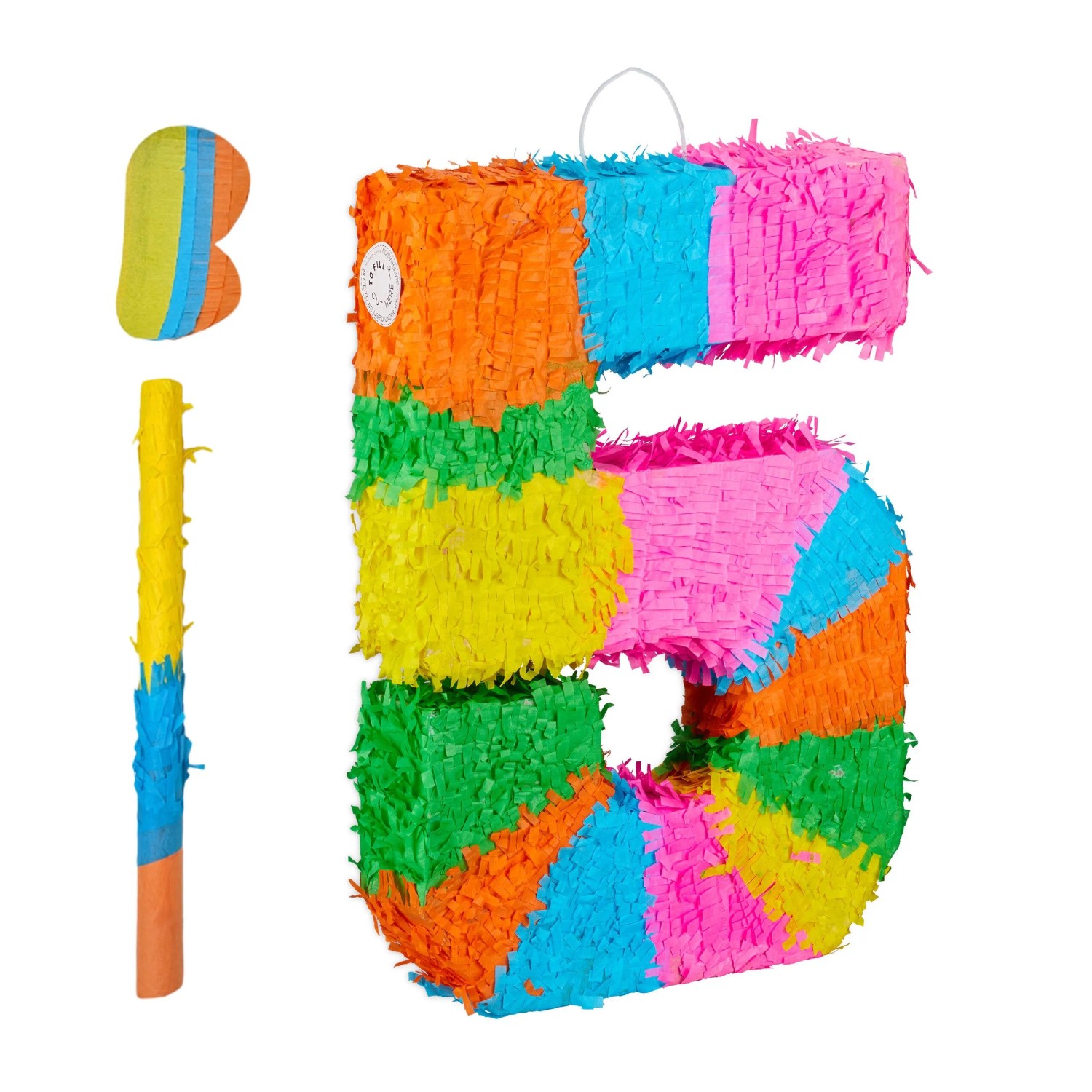 Relaxdays Pinata Zahl Papier Pappe Kunststoff Bunt mit Stab und Maske 50,5 cm x 35,5 cm x 7,5 cm 210 g