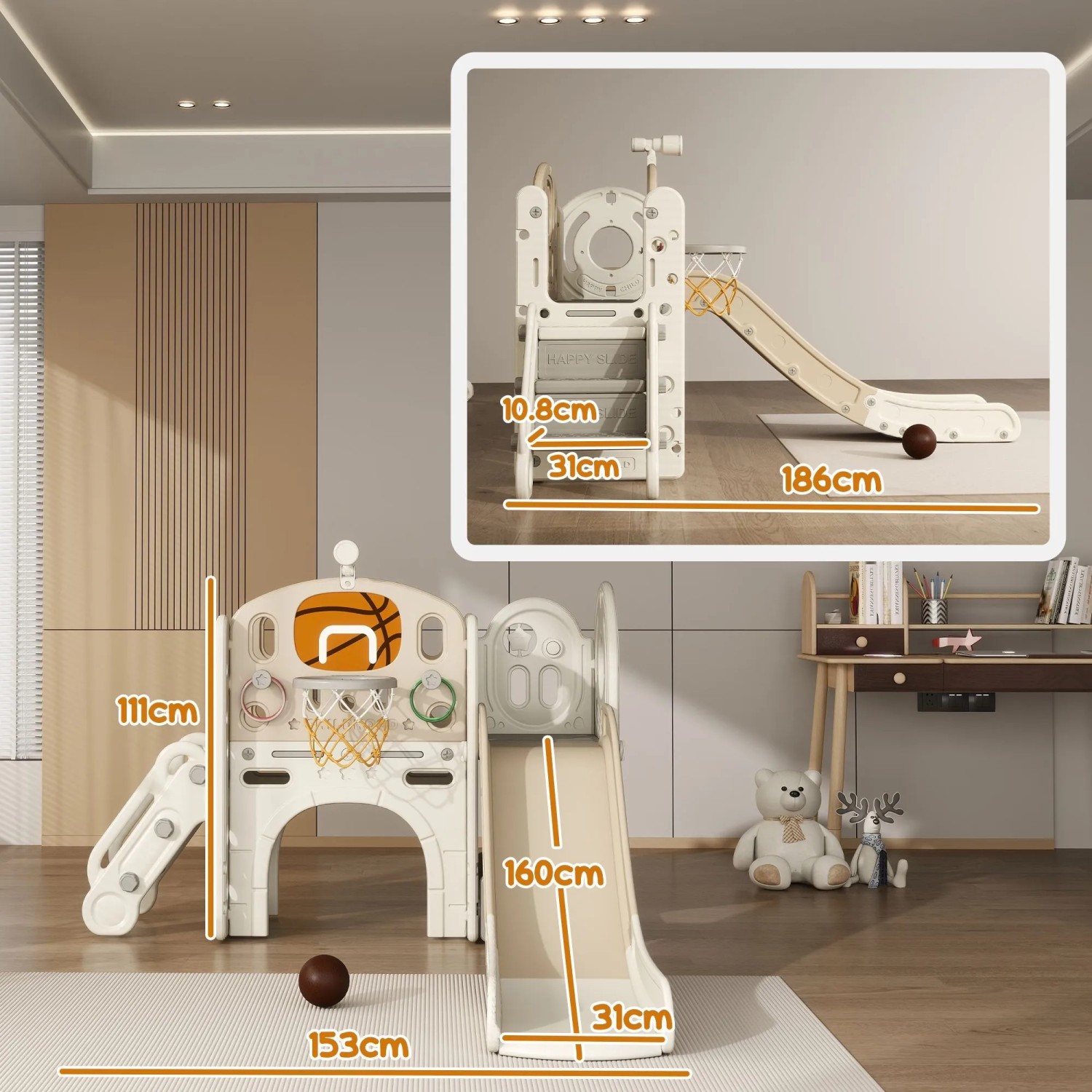 AIYAPLAY Kinderrutsche 7-in-1 Spielset aus cremeweißem Kunststoff mit Rutsche, Basketballkorb, Teleskop und Krabbeltunnel.