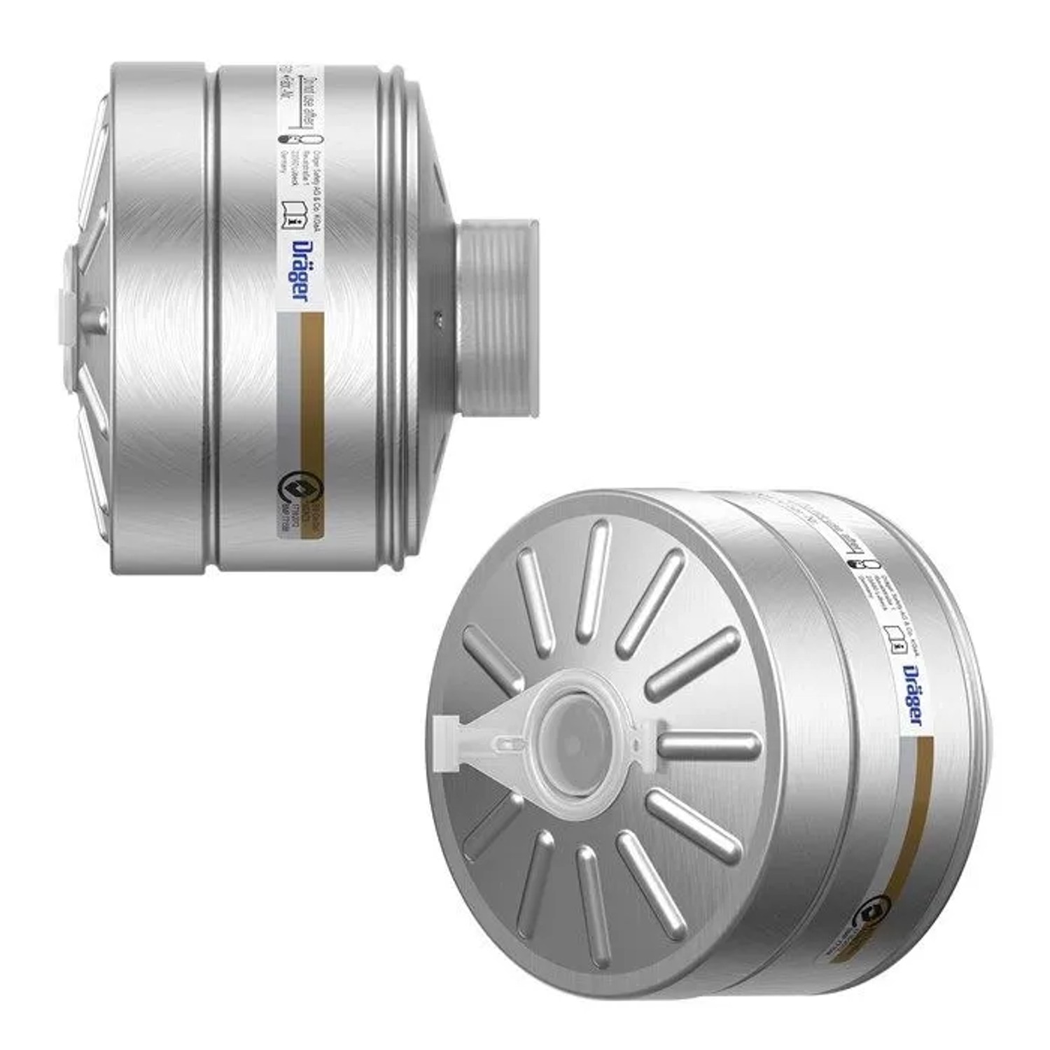 Zwei silberne Dräger Gasfilter 940 A2B2 aus Aluminium mit Rd40 Anschluss für Atemschutzmasken. Schutz vor Gasen/Dämpfen.