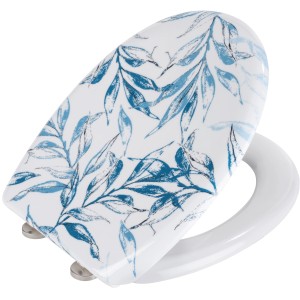 Wenko WC-Sitz Catala mit blauem Blätter-Dekor und Absenkautomatik.