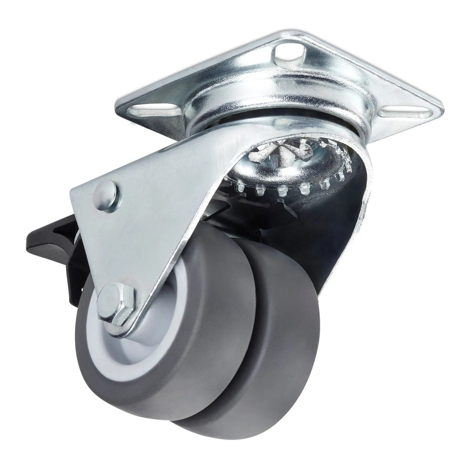 SOTECH Doppel Lenkrolle Ø50 mm mit Bremse, grau, Metallgehäuse. Robuste Möbelrolle für Hartböden, Teppich & Rasen.
