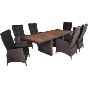 7-teiliges Gartenmöbel-Set Braga in Weidengrau mit Tisch und Stühlen mit schwarzen Auflagen.