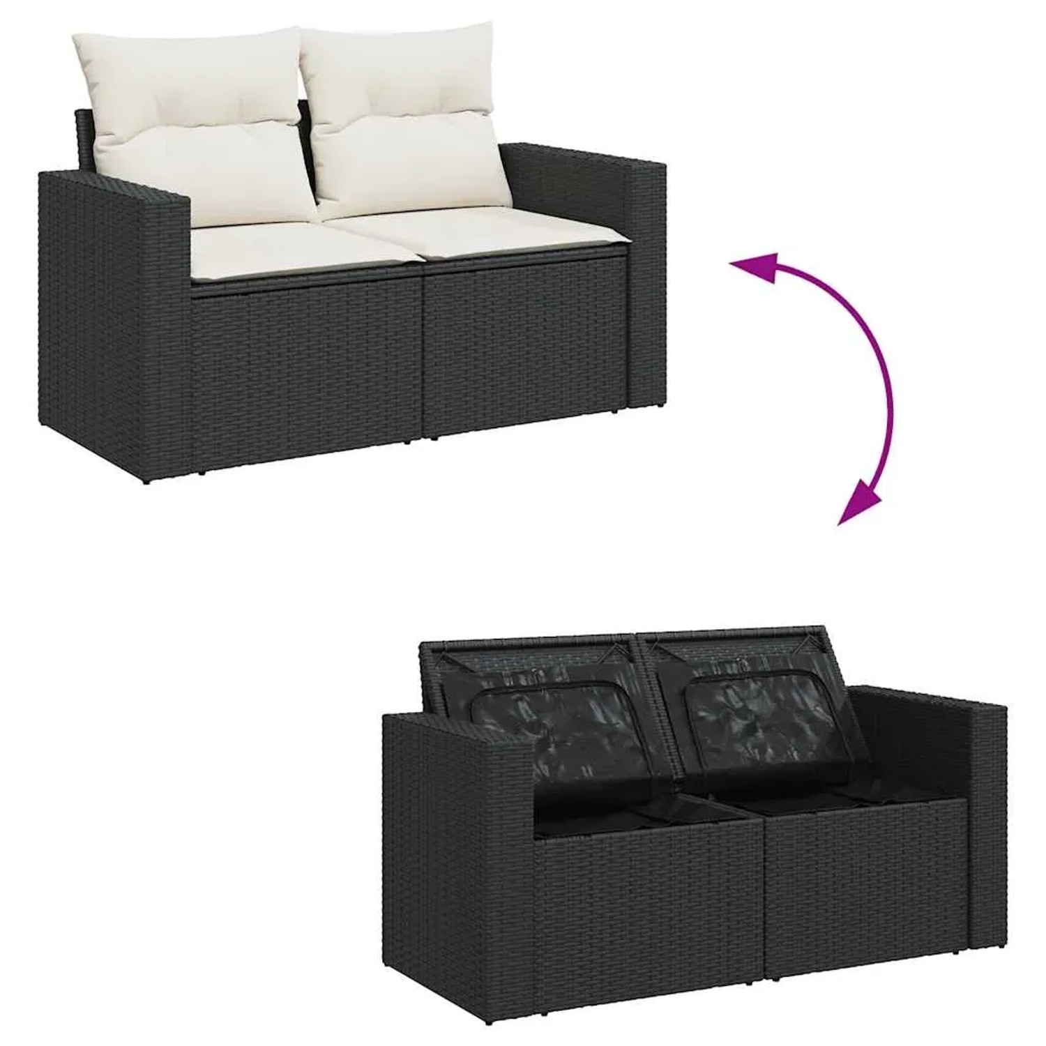 vidaXL Garten-Sofagarnitur, 5-teilig, schwarz, Poly Rattan mit Kissen. Stauraum unter den Sitzen.