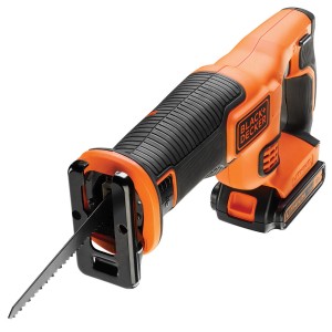 Black+Decker Akku-Säbelsäge BDCR18 mit Akku und Sägeblatt. Kompakte Bauweise in Orange und Schwarz.