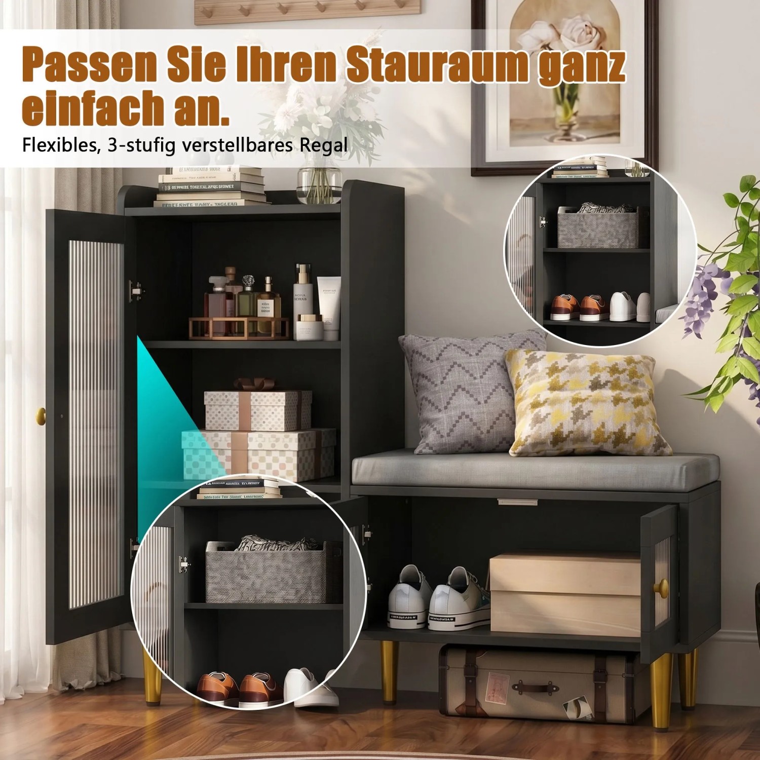Schwarze Schuhkommode in Holzoptik mit gepolsterter Sitzbank, Glastüren, goldfarbenen Griffen und verstellbaren Regalen für den Flur.