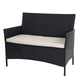 Anthrazitfarbene Poly-Rattan Gartenbank Hamar mit Armlehnen und cremefarbenem Sitzkissen.