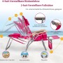 Pinke Strandliege mit 4-fach verstellbarer Rückenlehne und 2-fach Fußstütze auf Sand.