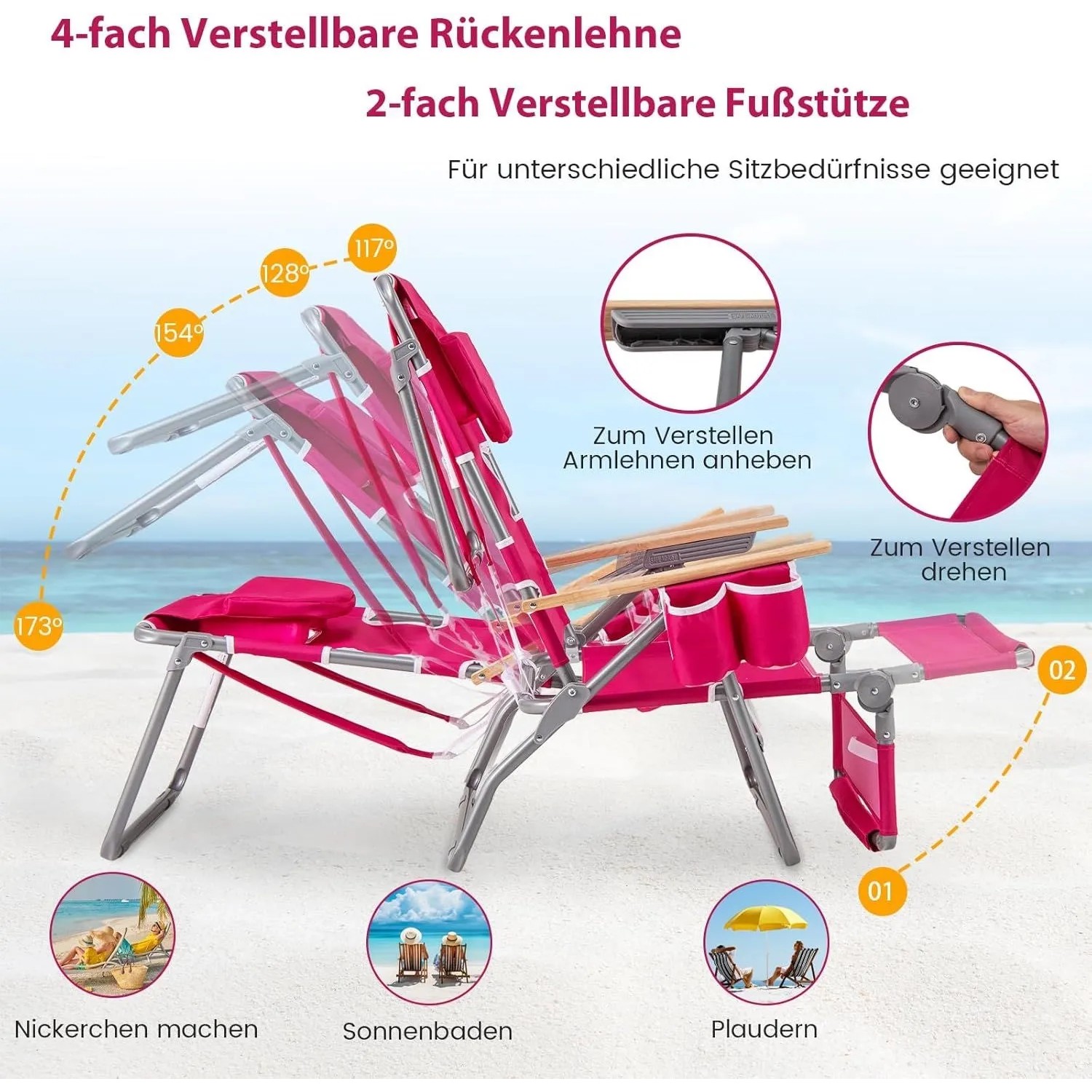 Pinke Strandliege mit 4-fach verstellbarer Rückenlehne und 2-fach Fußstütze auf Sand.