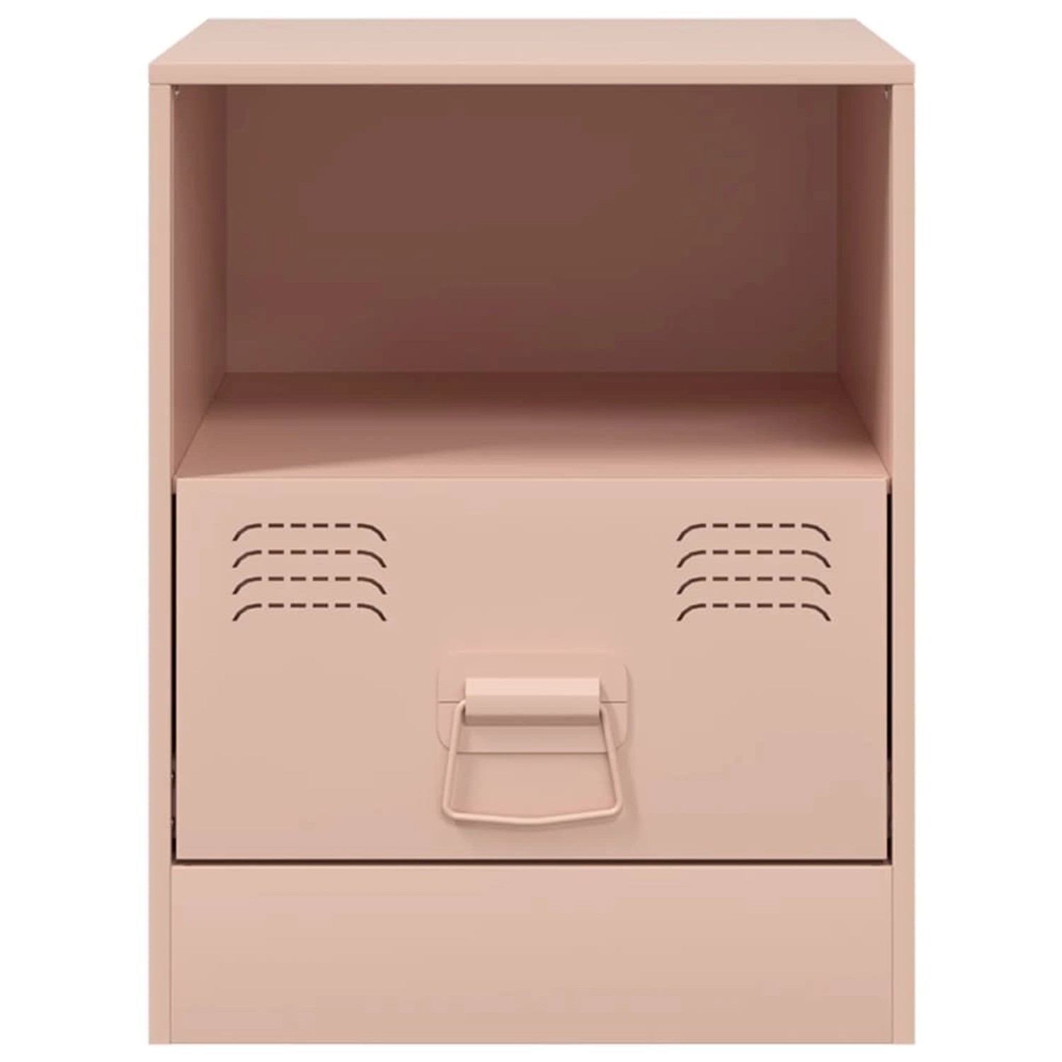 Rosa Nachttisch aus Stahl mit Schublade und offenem Fach. Modell 1.