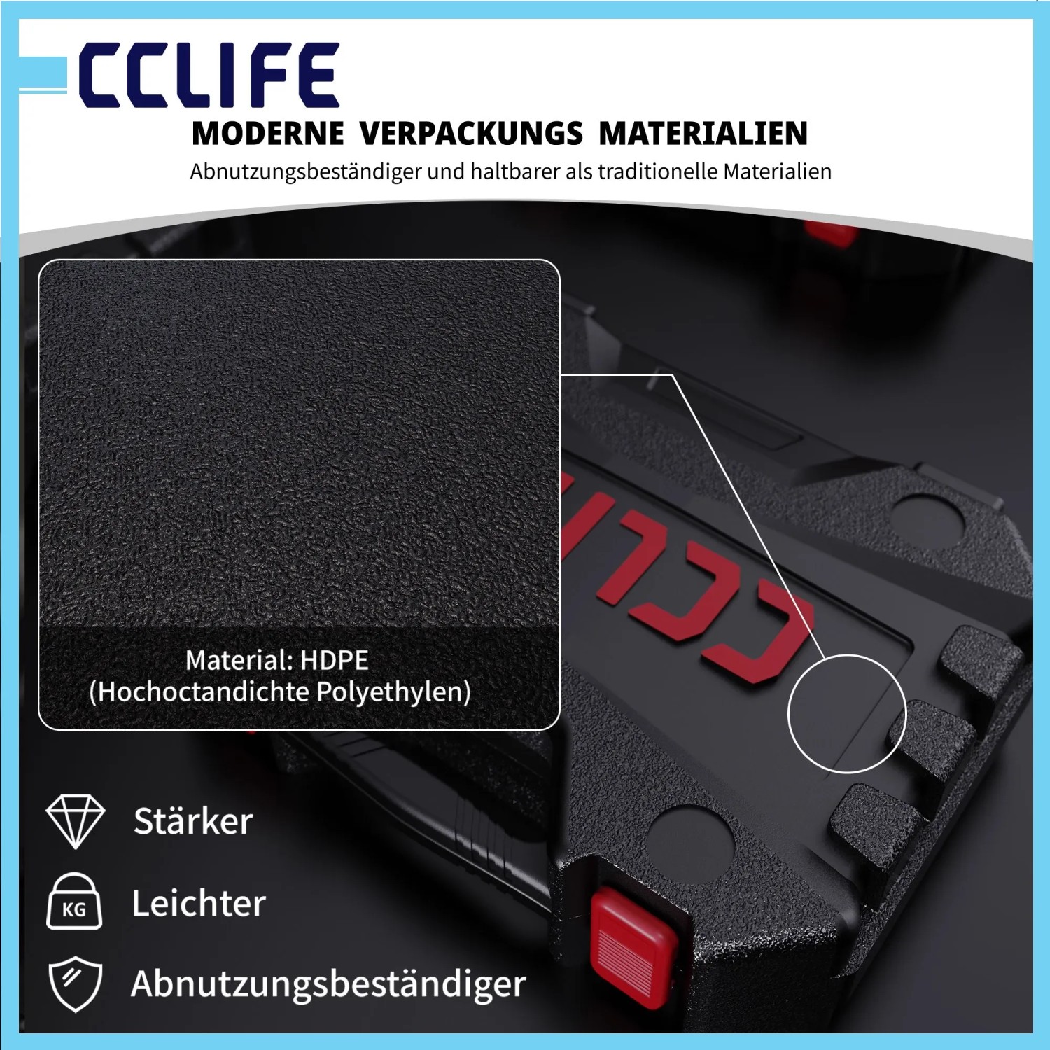 Robuster schwarzer CCLIFE Lambdasonden Werkzeugkoffer aus HDPE. Texturierte Oberfläche, rote Akzente, langlebig.