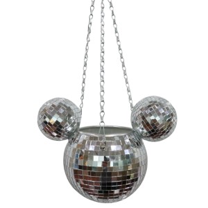 Hängender Disco-Blumentopf Mickey Mouse, silberfarben, 17 cm Durchmesser. Glitzernder Übertopf mit Micky Maus Ohren.
