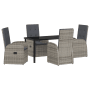 Graue 5-teilige vidaXL Garten Essgruppe aus Polyrattan mit Tisch und Stühlen inklusive Kissen.