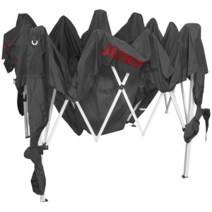 Zusammengefalteter, grauer Justus Grill-Pavillon 250x250 cm mit weißem Gestell.