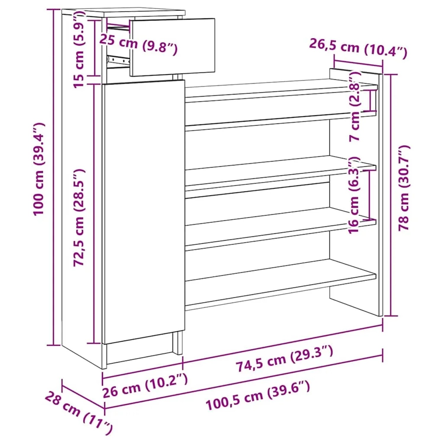 vidaXL Schuhschrank Eiche Handwerklich mit Schublade, Tür und 5 Regalen. Maße: 100,5x28x100 cm. Ideal für Flur.