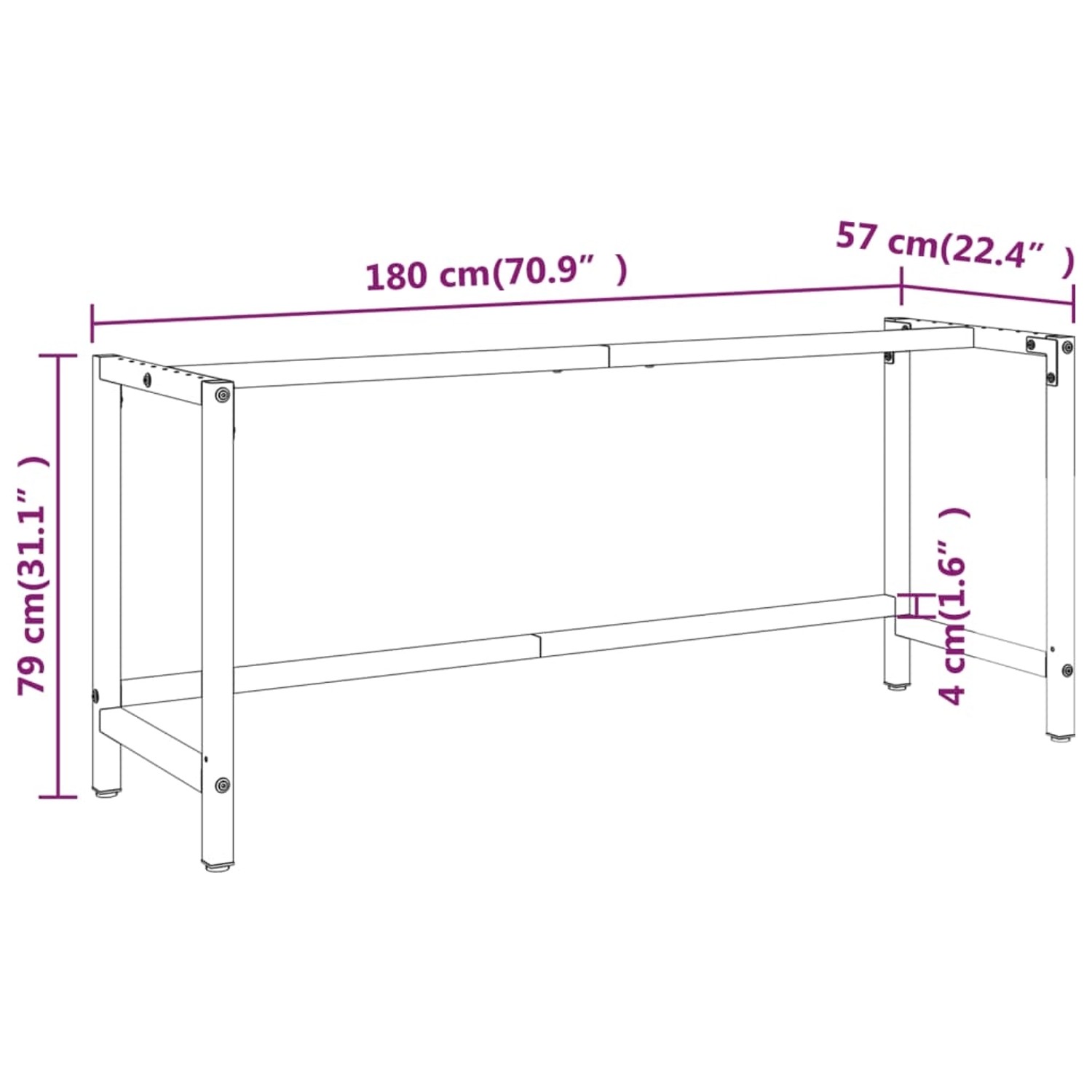 vidaXL Werkbankgestell, schwarz-rot, 180x57x79cm, Metall. Tischgestell mit Maßangaben.