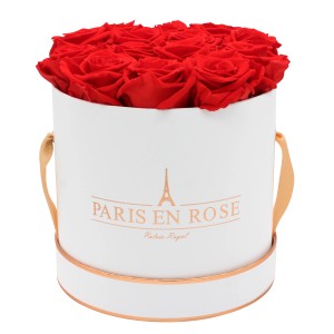 Rosenbox mit 14 roten Rosen in weiß-roségoldener Box (Ø 19cm).