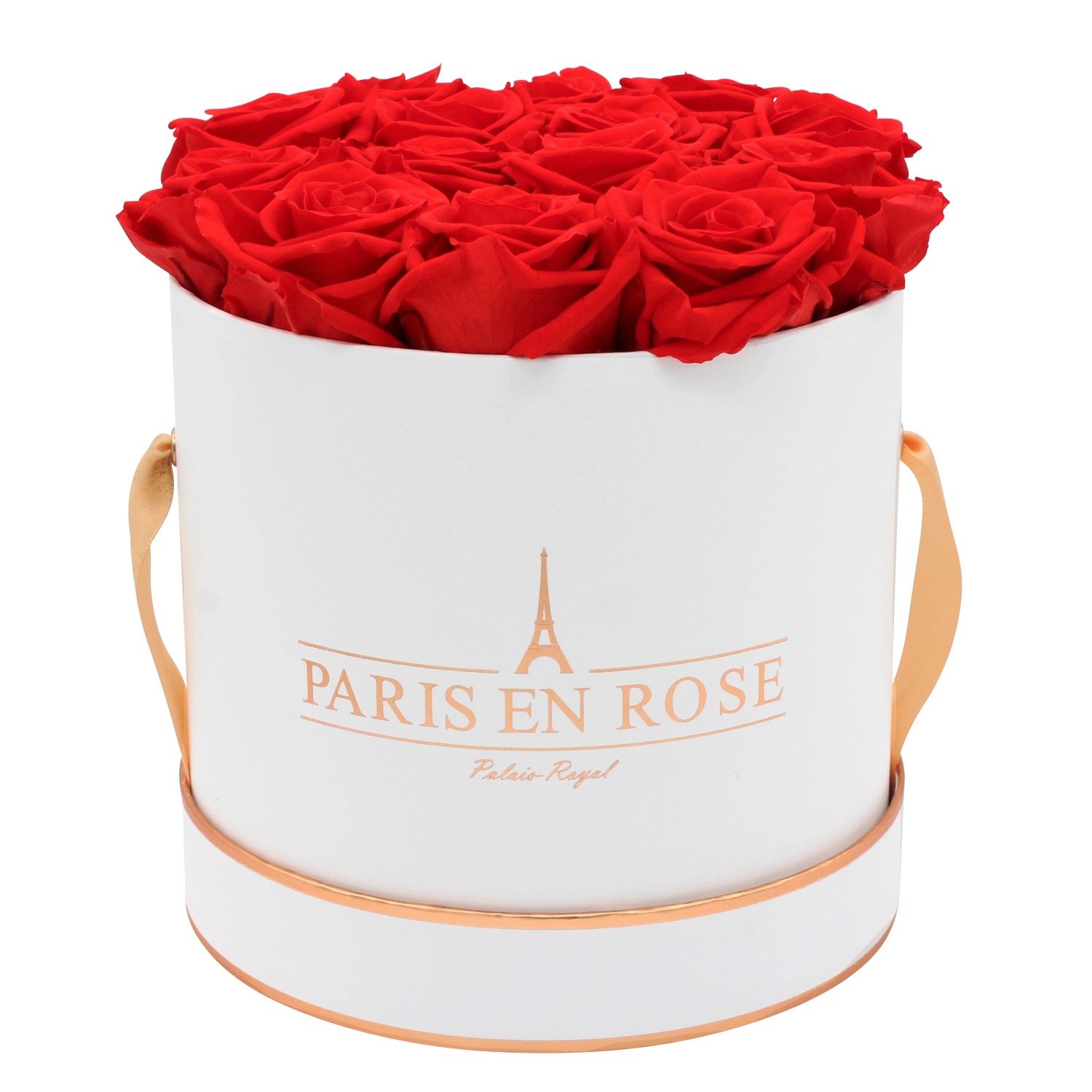 Rosenbox Ø 19 cm Weiß-Roségold mit 14 Roten Rosen