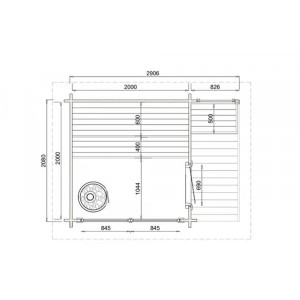 Grundriss FinnTherm Saunahaus Lizzy S: Maße und Aufteilung der Massivholzsauna mit Terrasse.