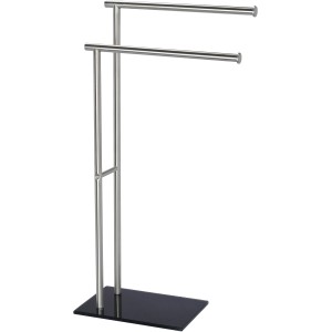 Wenko Handtuchständer Lima aus Edelstahl mit zwei Armen und schwarzem Glasfuß.