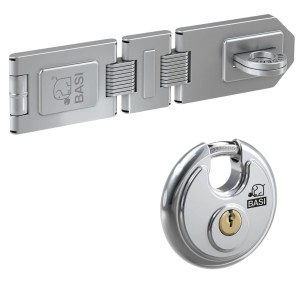 Basi Sicherheitsüberfalle mit Rundbügelschloss aus Edelstahl, 2 Gelenke, zur Sicherung von z.B. Türen.