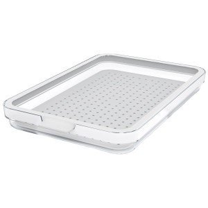 Weißer Rotho Kühlschrankorganizer Cauma (1,3 l) mit transparentem Behälter und gelochtem Einsatz.